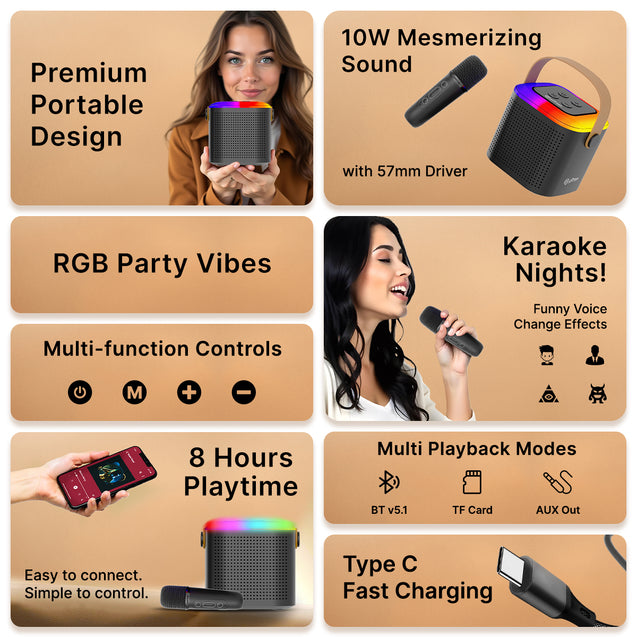 pTron Fusion Tunes 10W Mini Bluetooth Speaker with Wireless Karaoke Mic, 8Hrs Playtime, Vivid RGB Lights, Voice Effects, Multi-Play Modes BT5.1/TF Card & Type-C Charging Port (Black)