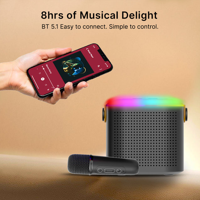 pTron Fusion Tunes 10W Mini Bluetooth Speaker with Wireless Karaoke Mic, 8Hrs Playtime, Vivid RGB Lights, Voice Effects, Multi-Play Modes BT5.1/TF Card & Type-C Charging Port (Black)
