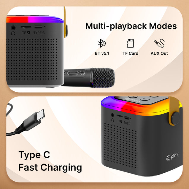 pTron Fusion Tunes 10W Mini Bluetooth Speaker with Wireless Karaoke Mic, 8Hrs Playtime, Vivid RGB Lights, Voice Effects, Multi-Play Modes BT5.1/TF Card & Type-C Charging Port (Black)
