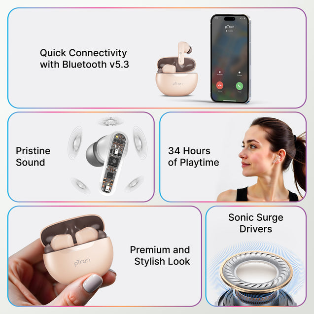 pTron Bassbuds Joy In-Ear TWS Earbuds with Stereo Sound, 34Hrs Playtime, Stereo Calls, Bluetooth V5.3 Headphone with Quick Pairing, Touch Control, Voice Assist, Type C Charging & IPX4 (Brown)
