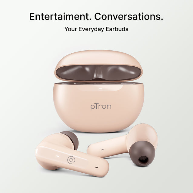 pTron Bassbuds Joy In-Ear TWS Earbuds with Stereo Sound, 34Hrs Playtime, Stereo Calls, Bluetooth V5.3 Headphone with Quick Pairing, Touch Control, Voice Assist, Type C Charging & IPX4 (Brown)