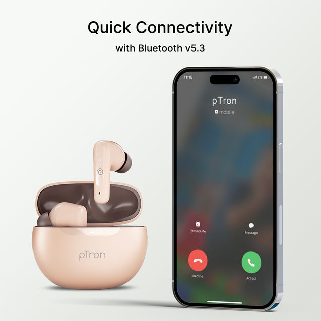pTron Bassbuds Joy In-Ear TWS Earbuds with Stereo Sound, 34Hrs Playtime, Stereo Calls, Bluetooth V5.3 Headphone with Quick Pairing, Touch Control, Voice Assist, Type C Charging & IPX4 (Brown)