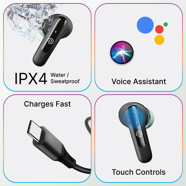 pTron Bassbuds Astra In-Ear TWS Earbuds with Stereo Sound, 34Hrs Playtime, Stereo Calls, Bluetooth V5.3 Headphone with Quick Pairing, Touch Control, Voice Assist, Type C Charging & IPX4(Black & Green)