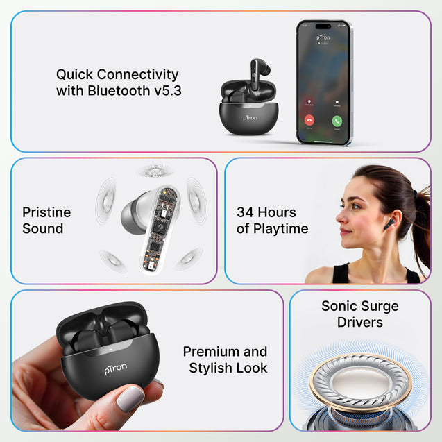 pTron Bassbuds Joy In-Ear TWS Earbuds with Stereo Sound, 34Hrs Playtime, Stereo Calls, Bluetooth V5.3 Headphone with Quick Pairing, Touch Control, Voice Assist, Type C Charging & IPX4 (Black)