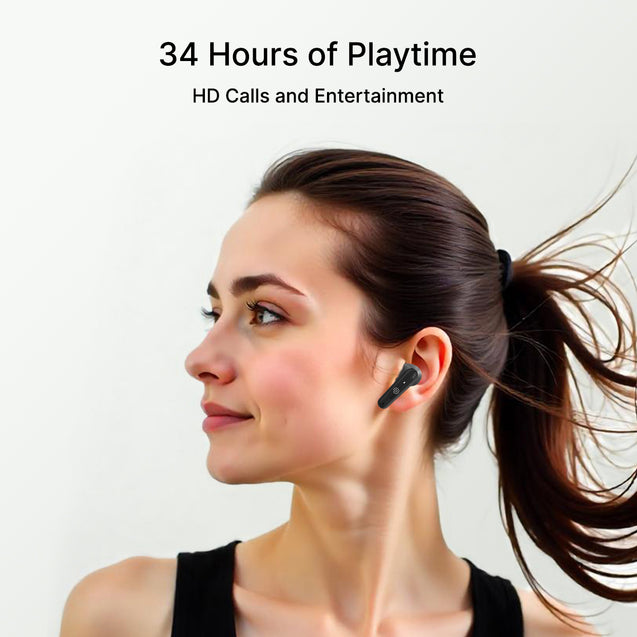 pTron Bassbuds Joy In-Ear TWS Earbuds with Stereo Sound, 34Hrs Playtime, Stereo Calls, Bluetooth V5.3 Headphone with Quick Pairing, Touch Control, Voice Assist, Type C Charging & IPX4 (Black)