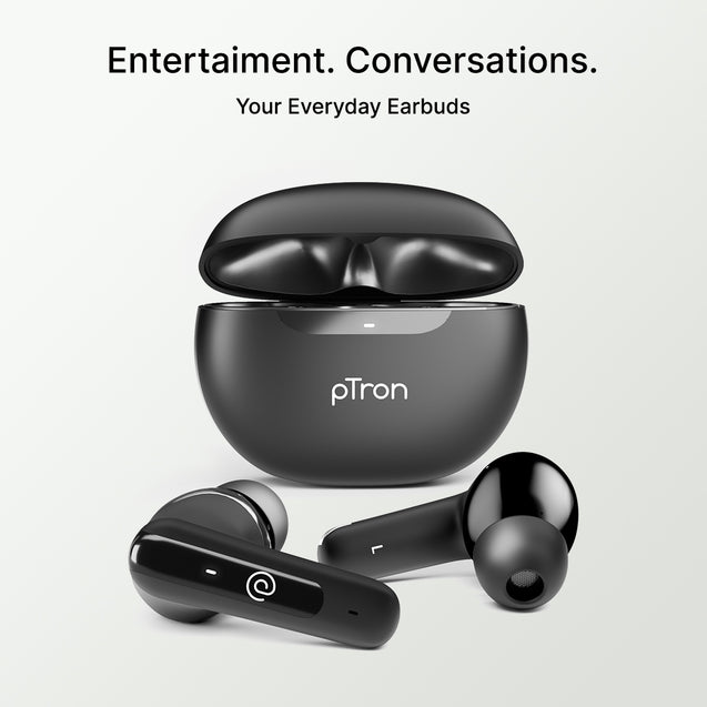 pTron Bassbuds Joy In-Ear TWS Earbuds with Stereo Sound, 34Hrs Playtime, Stereo Calls, Bluetooth V5.3 Headphone with Quick Pairing, Touch Control, Voice Assist, Type C Charging & IPX4 (Black)