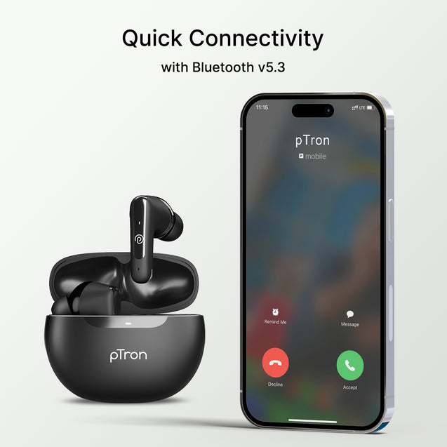 pTron Bassbuds Joy In-Ear TWS Earbuds with Stereo Sound, 34Hrs Playtime, Stereo Calls, Bluetooth V5.3 Headphone with Quick Pairing, Touch Control, Voice Assist, Type C Charging & IPX4 (Black)