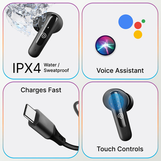 pTron Bassbuds Joy In-Ear TWS Earbuds with Stereo Sound, 34Hrs Playtime, Stereo Calls, Bluetooth V5.3 Headphone with Quick Pairing, Touch Control, Voice Assist, Type C Charging & IPX4 (Black)