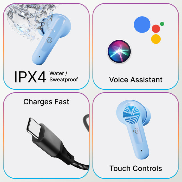 pTron Bassbuds Astra In-Ear TWS Earbuds with Stereo Sound, 34Hrs Playtime, Stereo Calls, Bluetooth V5.3 Headphone with Quick Pairing, Touch Control, Voice Assist, Type C Charging & IPX4 (Light Blue)