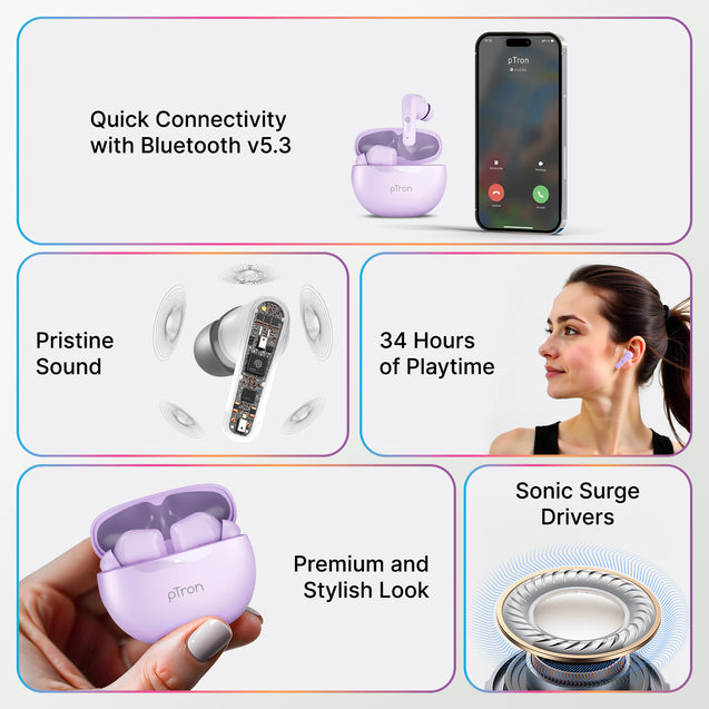 pTron Bassbuds Astra In-Ear TWS Earbuds with Stereo Sound, 34Hrs Playtime, Stereo Calls, Bluetooth V5.3 Headphones with Quick Pairing, Touch Control, Voice Assistant, Type C Charging & IPX4 (Lilac)