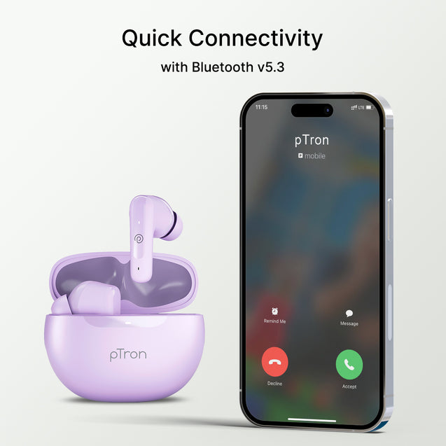 pTron Basspods Mojo in-Ear TWS Earbuds with Stereo Sound, 34Hrs Playtime, Stereo Calls, Bluetooth V5.3 Headphones with Quick Pairing, Touch Control, Voice Assistant, Type C Charging & IPX4 (Lilac)