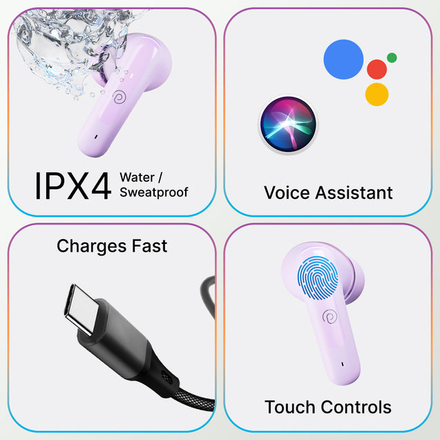 pTron Basspods Mojo in-Ear TWS Earbuds with Stereo Sound, 34Hrs Playtime, Stereo Calls, Bluetooth V5.3 Headphones with Quick Pairing, Touch Control, Voice Assistant, Type C Charging & IPX4 (Lilac)