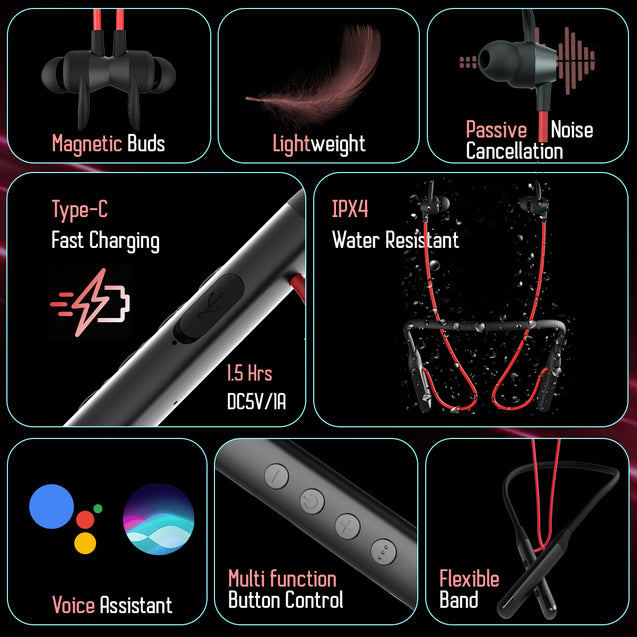 pTron Tangent Sports In-Ear Wireless Neckband with 60Hrs Playtime, AI-ENC Calls, 40ms Game Mode, HD Mic, BT5.2 Headphone, Deep Bass, Dual Device Pairing, Type-C Charge & Voice Assist (Jet Black & Red)