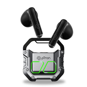 pTron Bassbuds Xtreme in-Ear TWS Earbuds with HD mic, 32Hrs Playtime, Bluetooth V5.3 Wireless Headphones, 13mm Dynamic Driver, Stereo Calls, Deep Bass, IPX4 & Type-C Fast Charging (Grey & Black)