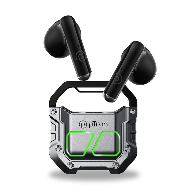 pTron Bassbuds Xtreme in-Ear TWS Earbuds with HD mic, 32Hrs Playtime, Bluetooth V5.3 Wireless Headphones, 13mm Dynamic Driver, Stereo Calls, Deep Bass, IPX4 & Type-C Fast Charging (Grey & Black)
