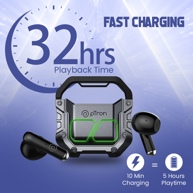 pTron Bassbuds Xtreme in-Ear TWS Earbuds with HD mic, 32Hrs Playtime, Bluetooth V5.3 Wireless Headphones, 13mm Dynamic Driver, Stereo Calls, Deep Bass, IPX4 & Type-C Fast Charging (Grey & Black)