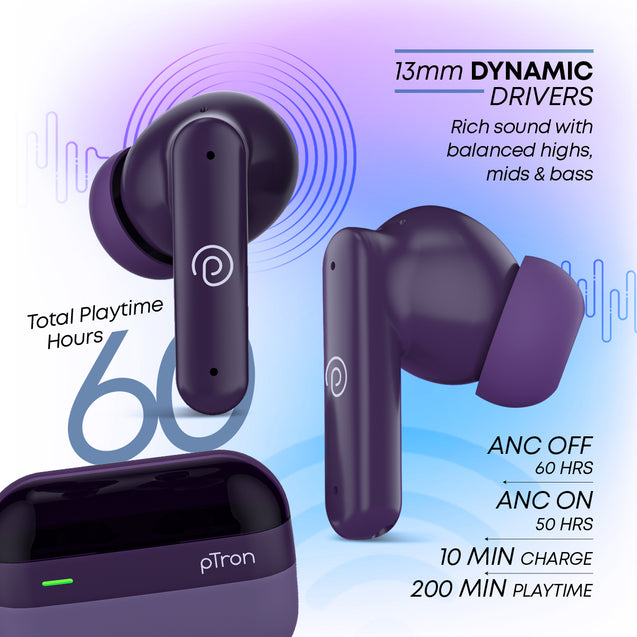 pTron Zenbuds 1 ANC TWS Earbuds with 28dB Active Noise Cancellation TWS, Quad Mic TruTalk ENC Calls, 60Hrs Playtime, 45ms Game/Movie Mode & in-Ear Bluetooth 5.3 Wireless Headphones (Deep Purple)