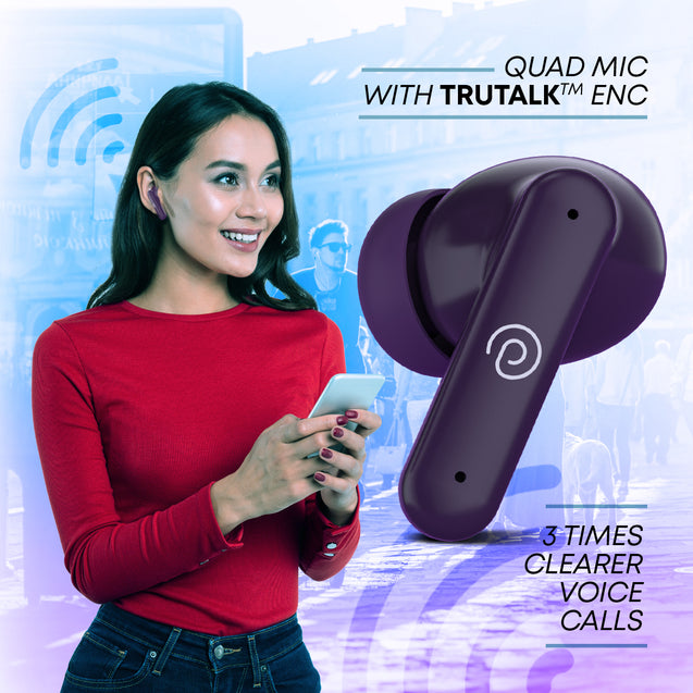 pTron Zenbuds 1 ANC TWS Earbuds with 28dB Active Noise Cancellation TWS, Quad Mic TruTalk ENC Calls, 60Hrs Playtime, 45ms Game/Movie Mode & in-Ear Bluetooth 5.3 Wireless Headphones (Deep Purple)