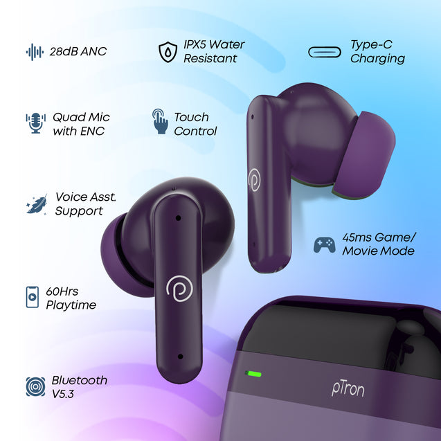 pTron Zenbuds 1 ANC TWS Earbuds with 28dB Active Noise Cancellation TWS, Quad Mic TruTalk ENC Calls, 60Hrs Playtime, 45ms Game/Movie Mode & in-Ear Bluetooth 5.3 Wireless Headphones (Deep Purple)