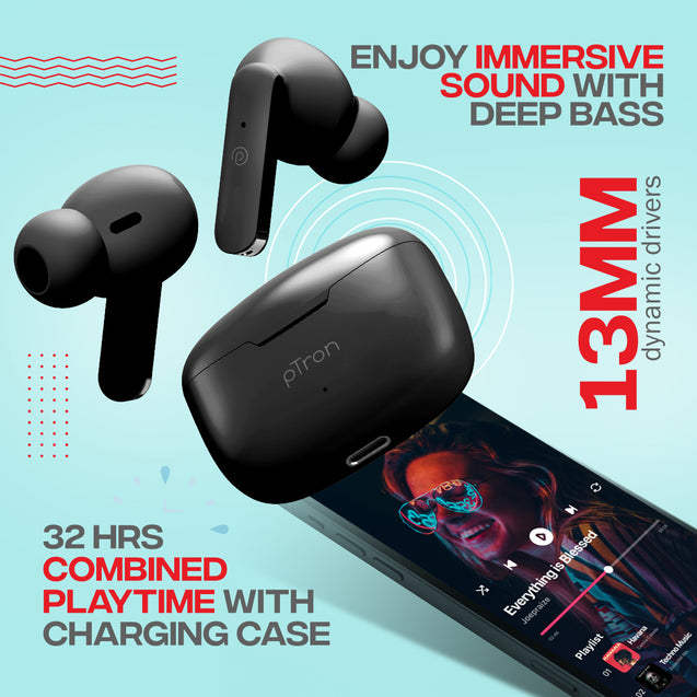 pTron Bassbuds Joy in-Ear Wireless Earbuds, Immersive Sound, 32Hrs Playtime, Clear Calls TWS Earbuds, Bluetooth V5.1 Headphone, Type-C Fast Charging, Voice Assist & IPX4 Water Resistant (Black Matt)