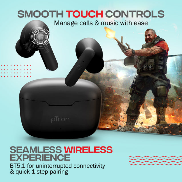 pTron Bassbuds Joy in-Ear Wireless Earbuds, Immersive Sound, 32Hrs Playtime, Clear Calls TWS Earbuds, Bluetooth V5.1 Headphone, Type-C Fast Charging, Voice Assist & IPX4 Water Resistant (Black Matt)