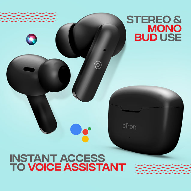 pTron Bassbuds Joy in-Ear Wireless Earbuds, Immersive Sound, 32Hrs Playtime, Clear Calls TWS Earbuds, Bluetooth V5.1 Headphone, Type-C Fast Charging, Voice Assist & IPX4 Water Resistant (Black Matt)