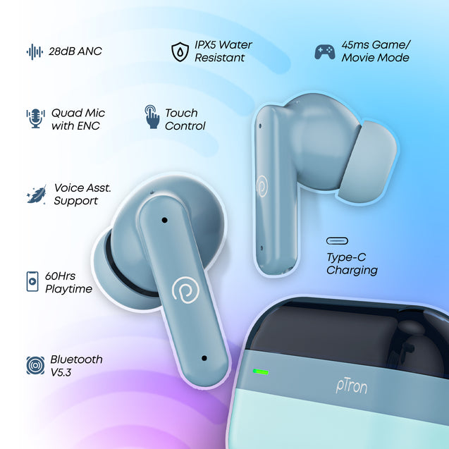 pTron Zenbuds 1 ANC TWS Earbuds with 28dB Active Noise Cancellation TWS, Quad Mic TruTalk ENC Calls, 60Hrs Playtime, 45ms Game/Movie Mode & in-Ear Bluetooth 5.3 Wireless Headphones (Sky Blue)