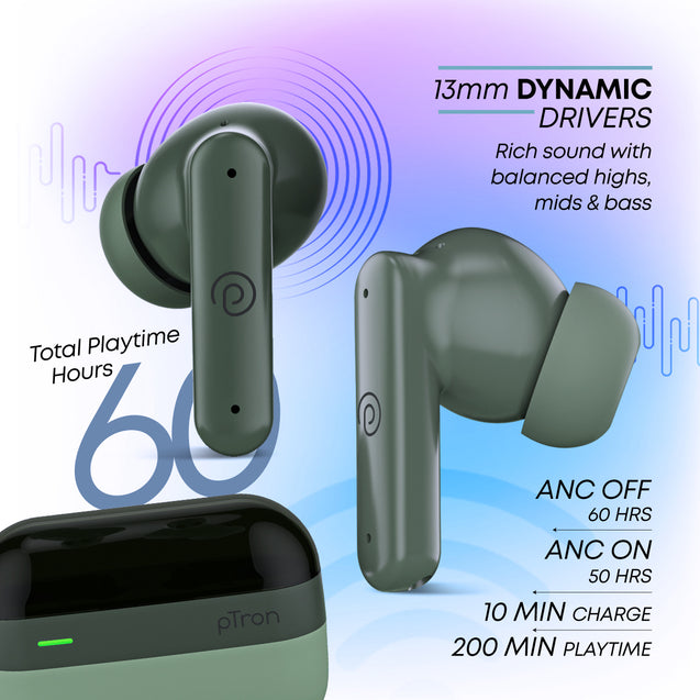 pTron Zenbuds 1 ANC TWS Earbuds with 28dB Active Noise Cancellation TWS, Quad Mic TruTalk ENC Calls, 60Hrs Playtime, 45ms Game/Movie Mode & in-Ear Bluetooth 5.3 Wireless Headphones (Hunter Green)