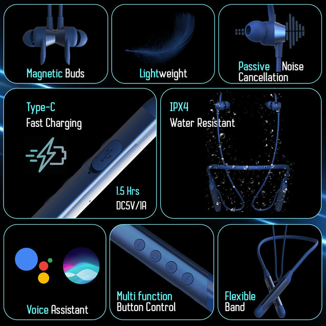 pTron Tangent Sports In-Ear Wireless Neckband with 60Hrs Playtime, AI-ENC Calls, 40ms Game Mode, HD Mic, BT5.2 Headphone, Deep Bass, Dual Device Pairing, Type-C Charge & Voice Assist (Royal Blue)