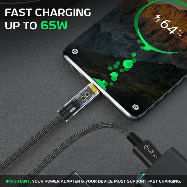 pTron Solero 65W USB to Type-C Super Fast Charging USB Cable Compatible with Samsung,OnePlus,Oppo,Vivo,Xiaomi,Realme & Other Type-C Devices, Unbreakable Nylon Braid, 480Mbps Data Sync (1m, Jet Black)