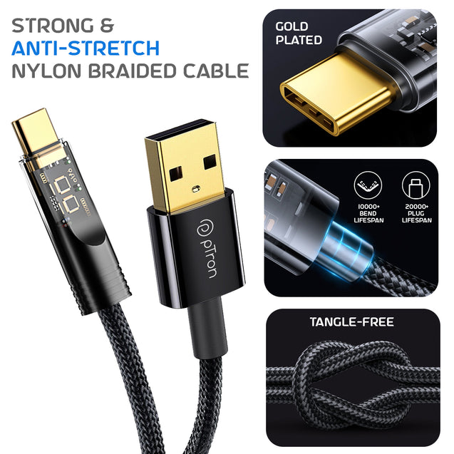 pTron Solero 65W USB to Type-C Super Fast Charging USB Cable Compatible with Samsung,OnePlus,Oppo,Vivo,Xiaomi,Realme & Other Type-C Devices, Unbreakable Nylon Braid, 480Mbps Data Sync (1m, Jet Black)