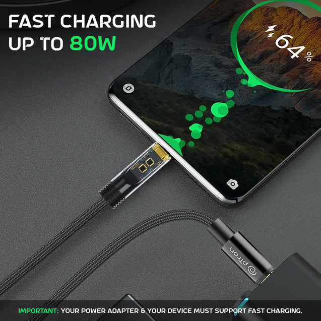 pTron Solero 80W Type-C to Type-C Fast Charging USB Cable, Compatible with Samsung, OnePlus, Oppo, Vivo,Xiaomi & Other Devices, Unbreakable Nylon Braid & 480Mbps Data Sync Speed (1m, Jet Black)
