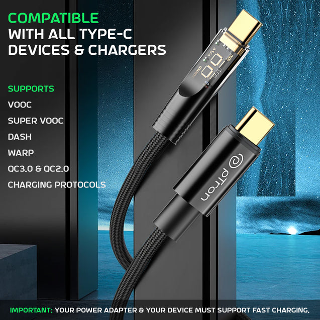 pTron Solero 80W Type-C to Type-C Fast Charging USB Cable, Compatible with Samsung, OnePlus, Oppo, Vivo,Xiaomi & Other Devices, Unbreakable Nylon Braid & 480Mbps Data Sync Speed (1m, Jet Black)