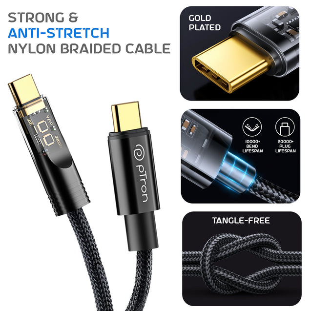 pTron Solero 80W Type-C to Type-C Fast Charging USB Cable, Compatible with Samsung, OnePlus, Oppo, Vivo,Xiaomi & Other Devices, Unbreakable Nylon Braid & 480Mbps Data Sync Speed (1m, Jet Black)