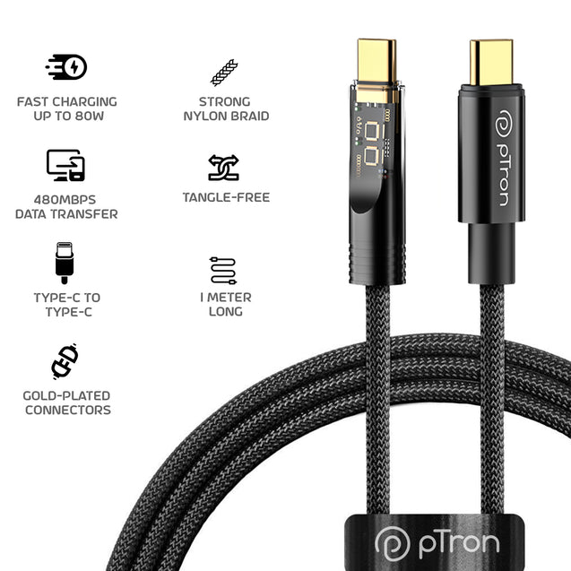 pTron Solero 80W Type-C to Type-C Fast Charging USB Cable, Compatible with Samsung, OnePlus, Oppo, Vivo,Xiaomi & Other Devices, Unbreakable Nylon Braid & 480Mbps Data Sync Speed (1m, Jet Black)