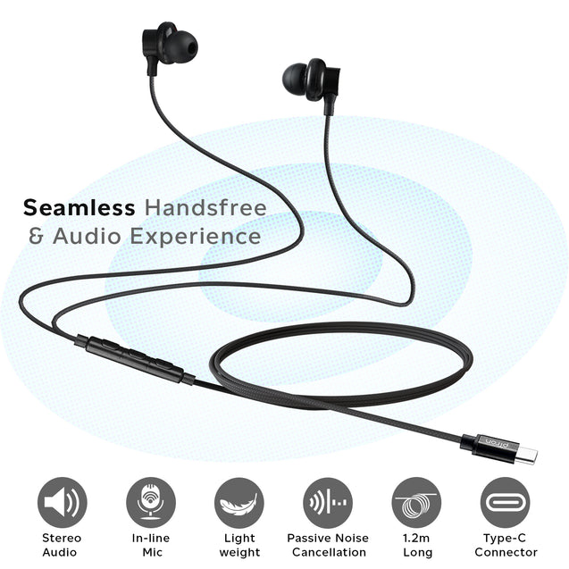 pTron Boom Buddy in-Ear Wired Earphones with Mic, Type-C Audio Connector, Immersive Stereo Sound with Deep Bass, 14mm Large Dynamic Drivers & 1.2M Nylon Braided Cable (Jet Black)