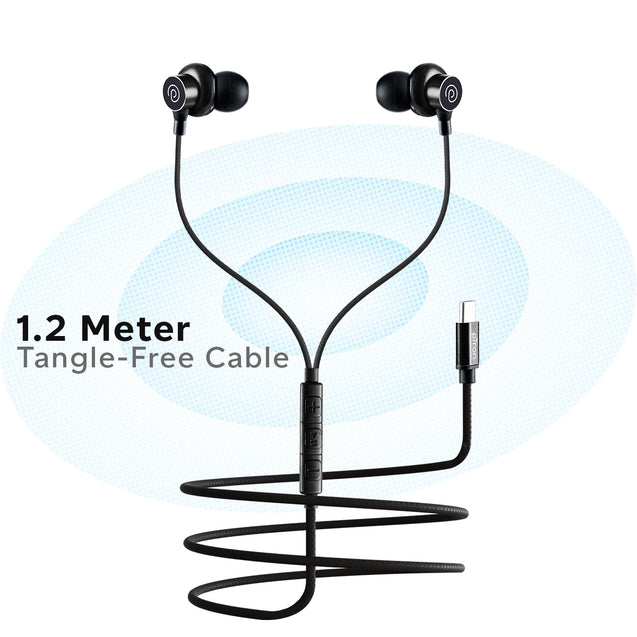 pTron Boom Buddy in-Ear Wired Earphones with Mic, Type-C Audio Connector, Immersive Stereo Sound with Deep Bass, 14mm Large Dynamic Drivers & 1.2M Nylon Braided Cable (Jet Black)