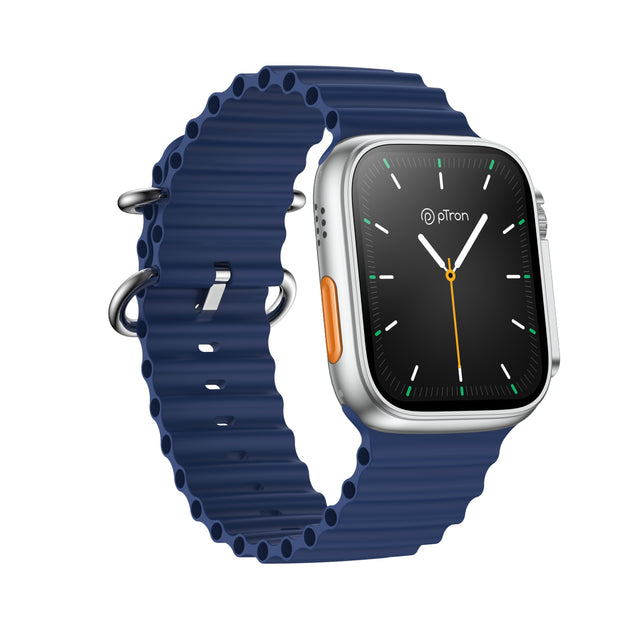 pTron Pulsefit Ethos Smartwatch with 1.85" Full Touch Display, Bluetooth Calling, 600 NITS, Digital Crown, Metal Frame, 100+ Watch Faces, HR, SpO2, Voice Assist & 5 Days Battery Life (Blue)