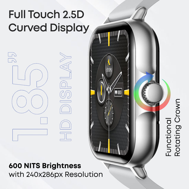 pTron Pulsefit Vibe Smartwatch with 1.85" Full Touch Display, Bluetooth Calling, 600 NITS, Digital Crown, 100+ Watch Faces, HR, SpO2, Sports Mode, Voice Assistant, 5 Days Battery Life & IP68 (Silver)
