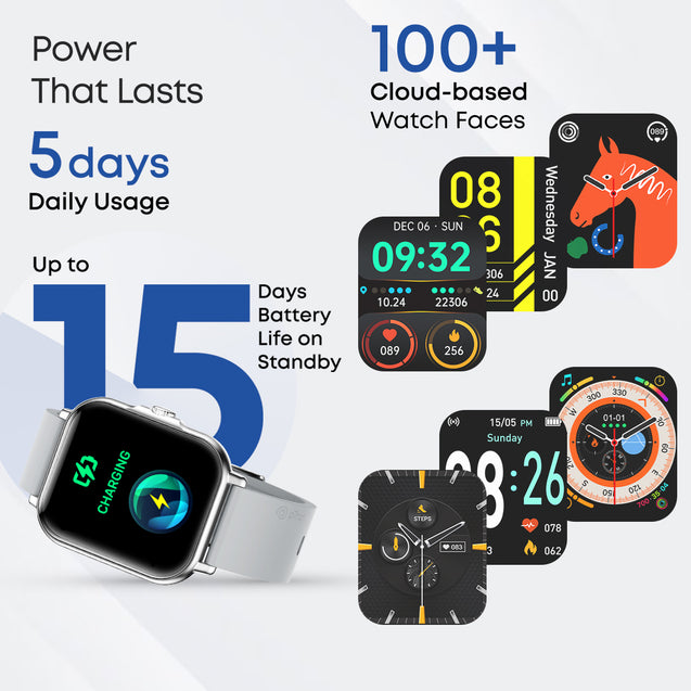 pTron Pulsefit Vibe Smartwatch with 1.85" Full Touch Display, Bluetooth Calling, 600 NITS, Digital Crown, 100+ Watch Faces, HR, SpO2, Sports Mode, Voice Assistant, 5 Days Battery Life & IP68 (Silver)