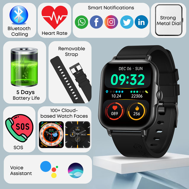 pTron Pulsefit Vibe Smartwatch with 1.85" Full Touch Display, Bluetooth Calling, 600 NITS, Digital Crown, 100+ Watch Faces, HR, SpO2, Sports Mode, Voice Assistant, 5 Days Battery Life & IP68 (Black)