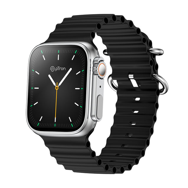 pTron Pulsefit Ethos Smartwatch with 1.85" Full Touch Display, Bluetooth Calling, 600 NITS, Digital Crown, Metal Frame, 100+ Watch Faces, HR, SpO2, Voice Assist & 5 Days Battery Life (Silver)