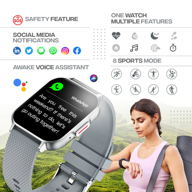 pTron Pulsefit Ace Smartwatch with 2.01" Full Touch Display, Bluetooth Calling, 600 NITS, Metal Frame, 100+ Watch Faces, HR, SpO2, Sports Mode, Voice Assist, 5 Days Battery Life & IP68 (Silver)
