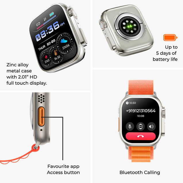 pTron Pulsefit Ultra Smartwatch with Bluetooth Calling, 2.01" Full Touch Display, 650 NITS, Digital Crown, Metal Frame, 100+ Watch Faces, HR, SpO2, Voice Assistant, IP68 & 5 Days Battery Life (Orange)