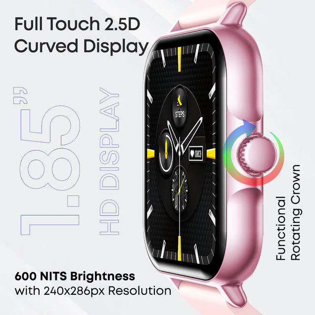 pTron Pulsefit Vibe Smartwatch with 1.85" Full Touch Display, Bluetooth Calling, 600 NITS, Digital Crown, 100+ Watch Faces, HR, SpO2, Sports Mode, Voice Assistant, 5 Days Battery Life & IP68 (Pink)
