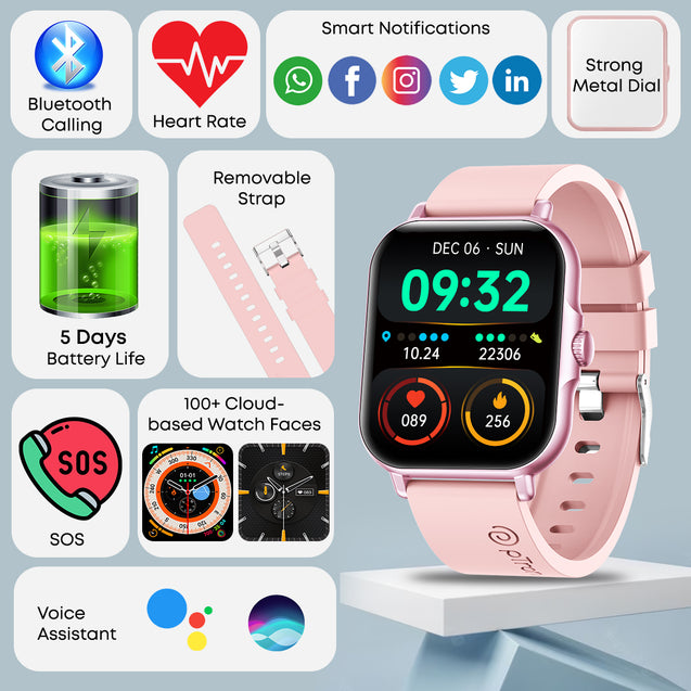 pTron Pulsefit Vibe Smartwatch with 1.85" Full Touch Display, Bluetooth Calling, 600 NITS, Digital Crown, 100+ Watch Faces, HR, SpO2, Sports Mode, Voice Assistant, 5 Days Battery Life & IP68 (Pink)