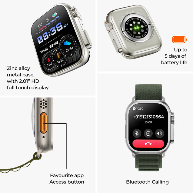 pTron Pulsefit Ultra Smartwatch with Bluetooth Calling, 2.01" Full Touch Display, 650 NITS, Digital Crown, Metal Frame, 100+ Watch Faces, HR, SpO2, Voice Assistant, IP68 & 5 Days Battery Life (Green)