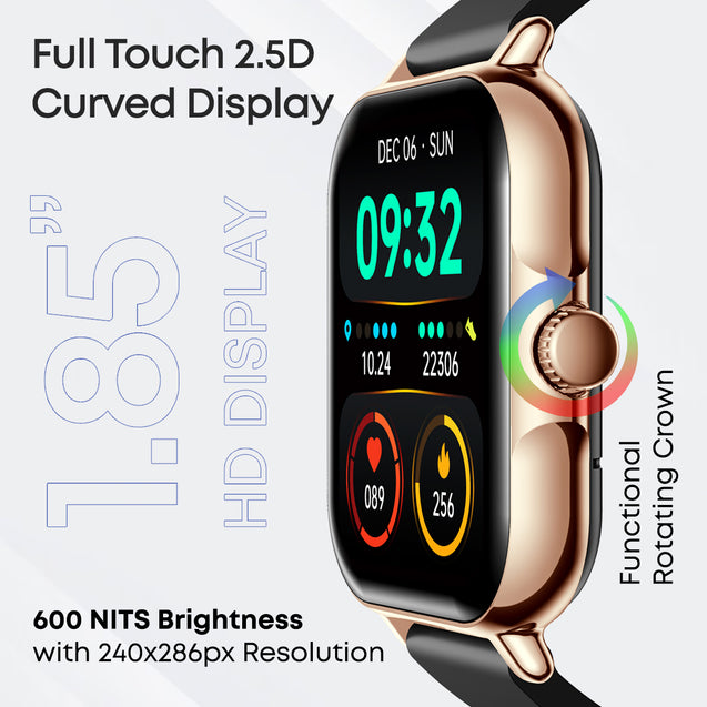 pTron Pulsefit Vibe Smartwatch with 1.85" Full Touch Display, Bluetooth Calling, 600 NITS, Digital Crown, 100+ Watch Faces, HR, SpO2, Sports Mode, Voice Assistant, 5 Days Battery Life & IP68 (Gold)