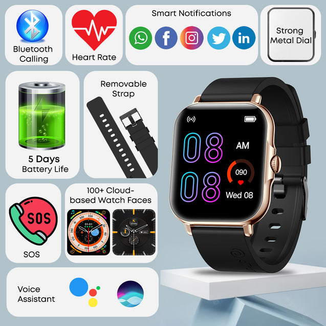 pTron Pulsefit Vibe Smartwatch with 1.85" Full Touch Display, Bluetooth Calling, 600 NITS, Digital Crown, 100+ Watch Faces, HR, SpO2, Sports Mode, Voice Assistant, 5 Days Battery Life & IP68 (Gold)