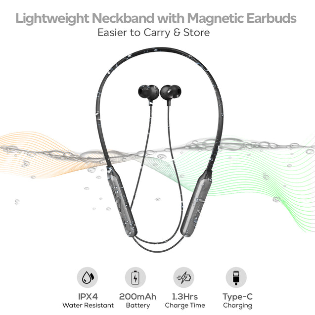 pTron Tangent Duo in Ear Wireless Headphones with Mic, 13mm Driver, Bluetooth V5.2, Dual Device Pairing, Fast Charging Type-C Wireless Neckband, Voice Assistant & IPX4 Water Resistant (Black/Cool Grey)